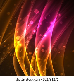 Energy lines, glowing waves in the dark, vector abstract background. Vector business or technology presentation design template, brochure or flyer pattern, or geometric web banner