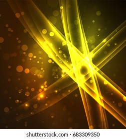 Líneas de energía, ondas brillantes en el fondo oscuro, vector abstracto. Plantilla de diseño de presentación de vocabulario o tecnología, patrón de folleto o volante, o banner web geométrico