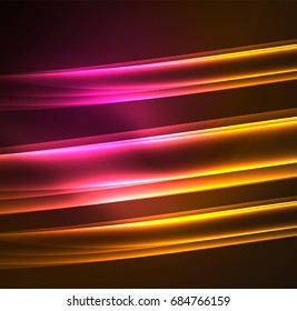 Líneas de energía, ondas brillantes en el fondo oscuro, vector abstracto. Plantilla de diseño de presentación de vocabulario o tecnología, patrón de folleto o volante, o banner web geométrico