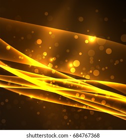 Líneas de energía, ondas brillantes en el fondo oscuro, vector abstracto. Plantilla de diseño de presentación de vocabulario o tecnología, patrón de folleto o volante, o banner web geométrico
