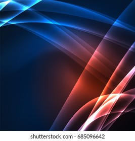 Líneas de energía, ondas brillantes en el fondo oscuro, vector abstracto. Plantilla de diseño de presentación de vocabulario o tecnología, patrón de folleto o volante, o banner web geométrico