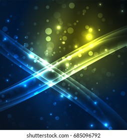 Líneas de energía, ondas brillantes en el fondo oscuro, vector abstracto. Plantilla de diseño de presentación de vocabulario o tecnología, patrón de folleto o volante, o banner web geométrico