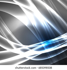 Líneas de energía, ondas brillantes en el fondo oscuro, vector abstracto. Plantilla de diseño de presentación de vocabulario o tecnología, patrón de folleto o volante, o banner web geométrico