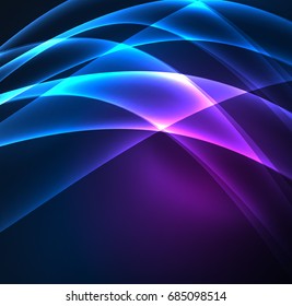 Líneas de energía, ondas brillantes en el fondo oscuro, vector abstracto. Plantilla de diseño de presentación de vocabulario o tecnología, patrón de folleto o volante, o banner web geométrico