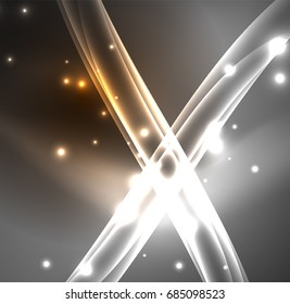 Líneas de energía, ondas brillantes en el fondo oscuro, vector abstracto. Plantilla de diseño de presentación de vocabulario o tecnología, patrón de folleto o volante, o banner web geométrico
