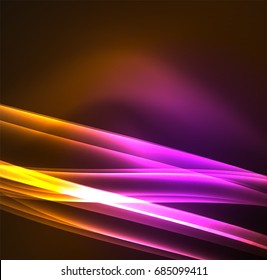 Líneas de energía, ondas brillantes en el fondo oscuro, vector abstracto. Plantilla de diseño de presentación de vocabulario o tecnología, patrón de folleto o volante, o banner web geométrico