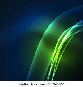 Líneas de energía, ondas brillantes en el fondo oscuro, vector abstracto. Plantilla de diseño de presentación de vocabulario o tecnología, patrón de folleto o volante, o banner web geométrico