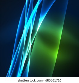 Líneas de energía, ondas brillantes en el fondo oscuro, vector abstracto. Plantilla de diseño de presentación de vocabulario o tecnología, patrón de folleto o volante, o banner web geométrico
