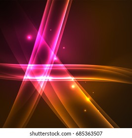 Líneas de energía, ondas brillantes en el fondo oscuro, vector abstracto. Plantilla de diseño de presentación de vocabulario o tecnología, patrón de folleto o volante, o banner web geométrico