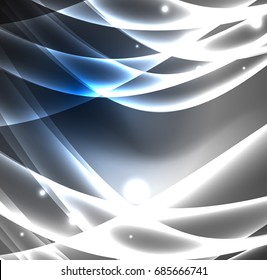 Líneas de energía, ondas brillantes en el fondo oscuro, vector abstracto. Plantilla de diseño de presentación de vocabulario o tecnología, patrón de folleto o volante, o banner web geométrico