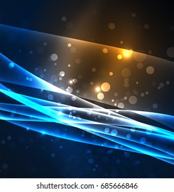 Energy lines, glowing waves in the dark, vector abstract background. Vector business or technology presentation design template, brochure or flyer pattern, or geometric web banner