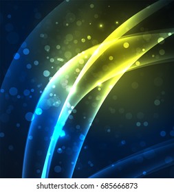 Líneas de energía, ondas brillantes en el fondo oscuro, vector abstracto. Plantilla de diseño de presentación de vocabulario o tecnología, patrón de folleto o volante, o banner web geométrico