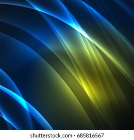 Líneas de energía, ondas brillantes en el fondo oscuro, vector abstracto. Plantilla de diseño de presentación de vocabulario o tecnología, patrón de folleto o volante, o banner web geométrico