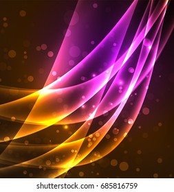 Energy lines, glowing waves in the dark, vector abstract background. Vector business or technology presentation design template, brochure or flyer pattern, or geometric web banner