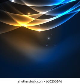Energy lines, glowing waves in the dark, vector abstract background. Vector business or technology presentation design template, brochure or flyer pattern, or geometric web banner