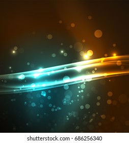 Energy lines, glowing waves in the dark, vector abstract background. Vector business or technology presentation design template, brochure or flyer pattern, or geometric web banner