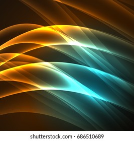 Energy lines, glowing waves in the dark, vector abstract background. Vector business or technology presentation design template, brochure or flyer pattern, or geometric web banner