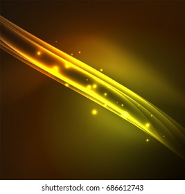 Líneas de energía, ondas brillantes en el fondo oscuro, vector abstracto. Plantilla de diseño de presentación de vocabulario o tecnología, patrón de folleto o volante, o banner web geométrico