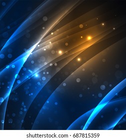 Líneas de energía, ondas brillantes en el fondo oscuro, vector abstracto. Plantilla de diseño de presentación de vocabulario o tecnología, patrón de folleto o volante, o banner web geométrico