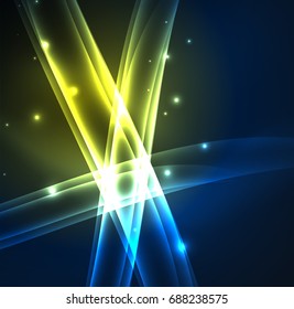Líneas de energía, ondas brillantes en el fondo oscuro, vector abstracto. Plantilla de diseño de presentación de vocabulario o tecnología, patrón de folleto o volante, o banner web geométrico