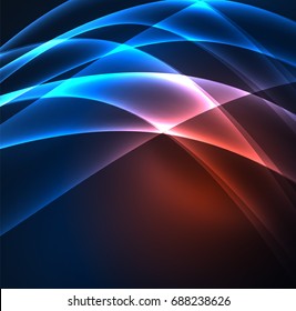 Linhas de energia, ondas brilhantes no escuro, fundo abstrato vetorial. Modelo de design de apresentação de tecnologia ou negócio de vetor, brochura ou padrão de folheto, ou banner web geométrico