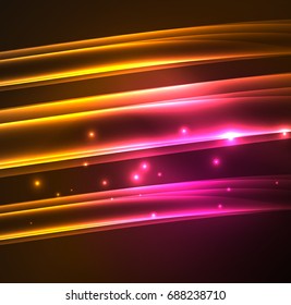 Líneas de energía, ondas brillantes en el fondo oscuro, vector abstracto. Plantilla de diseño de presentación de vocabulario o tecnología, patrón de folleto o volante, o banner web geométrico