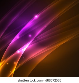 Líneas de energía, ondas brillantes en el fondo oscuro, vector abstracto. Plantilla de diseño de presentación de vocabulario o tecnología, patrón de folleto o volante, o banner web geométrico