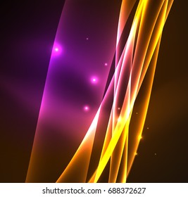 Líneas de energía, ondas brillantes en el fondo oscuro, vector abstracto. Plantilla de diseño de presentación de vocabulario o tecnología, patrón de folleto o volante, o banner web geométrico