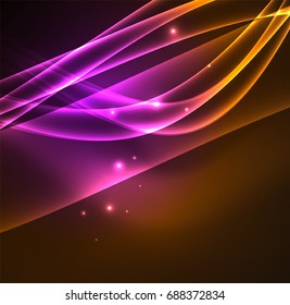 Líneas de energía, ondas brillantes en el fondo oscuro, vector abstracto. Plantilla de diseño de presentación de vocabulario o tecnología, patrón de folleto o volante, o banner web geométrico