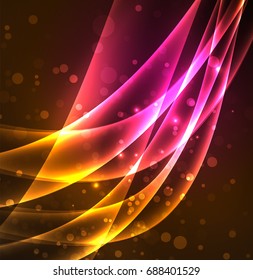 Líneas de energía, ondas brillantes en el fondo oscuro, vector abstracto. Plantilla de diseño de presentación de vocabulario o tecnología, patrón de folleto o volante, o banner web geométrico