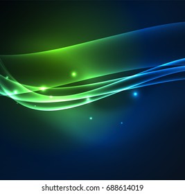 Líneas de energía, ondas brillantes en el fondo oscuro, vector abstracto. Plantilla de diseño de presentación de vocabulario o tecnología, patrón de folleto o volante, o banner web geométrico