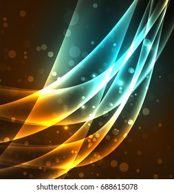 Energy lines, glowing waves in the dark, vector abstract background. Vector business or technology presentation design template, brochure or flyer pattern, or geometric web banner