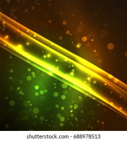 Líneas de energía, ondas brillantes en el fondo oscuro, vector abstracto. Plantilla de diseño de presentación de vocabulario o tecnología, patrón de folleto o volante, o banner web geométrico