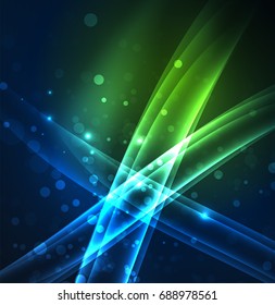 Energy lines, glowing waves in the dark, vector abstract background. Vector business or technology presentation design template, brochure or flyer pattern, or geometric web banner