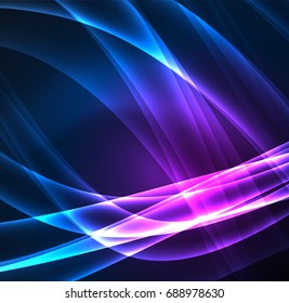 Energy lines, glowing waves in the dark, vector abstract background. Vector business or technology presentation design template, brochure or flyer pattern, or geometric web banner