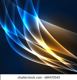 Líneas de energía, ondas brillantes en el fondo oscuro, vector abstracto. Plantilla de diseño de presentación de vocabulario o tecnología, patrón de folleto o volante, o banner web geométrico