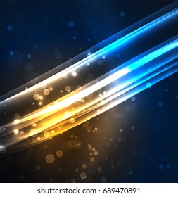 Líneas de energía, ondas brillantes en el fondo oscuro, vector abstracto. Plantilla de diseño de presentación de vocabulario o tecnología, patrón de folleto o volante, o banner web geométrico