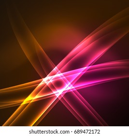 Líneas de energía, ondas brillantes en el fondo oscuro, vector abstracto. Plantilla de diseño de presentación de vocabulario o tecnología, patrón de folleto o volante, o banner web geométrico