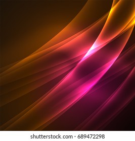 Líneas de energía, ondas brillantes en el fondo oscuro, vector abstracto. Plantilla de diseño de presentación de vocabulario o tecnología, patrón de folleto o volante, o banner web geométrico