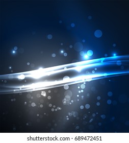 Líneas de energía, ondas brillantes en el fondo oscuro, vector abstracto. Plantilla de diseño de presentación de vocabulario o tecnología, patrón de folleto o volante, o banner web geométrico
