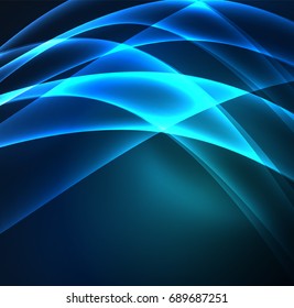 Energy lines, glowing waves in the dark, vector abstract background. Vector business or technology presentation design template, brochure or flyer pattern, or geometric web banner