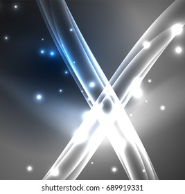 Líneas de energía, ondas brillantes en el fondo oscuro, vector abstracto. Plantilla de diseño de presentación de vocabulario o tecnología, patrón de folleto o volante, o banner web geométrico
