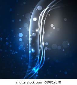 Líneas de energía, ondas brillantes en el fondo oscuro, vector abstracto. Plantilla de diseño de presentación de vocabulario o tecnología, patrón de folleto o volante, o banner web geométrico
