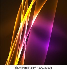 Líneas de energía, ondas brillantes en el fondo oscuro, vector abstracto. Plantilla de diseño de presentación de vocabulario o tecnología, patrón de folleto o volante, o banner web geométrico