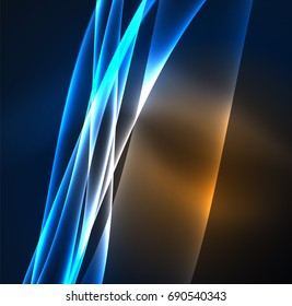 Líneas de energía, ondas brillantes en el fondo oscuro, vector abstracto. Plantilla de diseño de presentación de vocabulario o tecnología, patrón de folleto o volante, o banner web geométrico