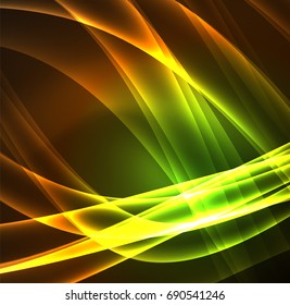 Energy lines, glowing waves in the dark, vector abstract background. Vector business or technology presentation design template, brochure or flyer pattern, or geometric web banner