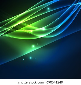 Líneas de energía, ondas brillantes en el fondo oscuro, vector abstracto. Plantilla de diseño de presentación de vocabulario o tecnología, patrón de folleto o volante, o banner web geométrico