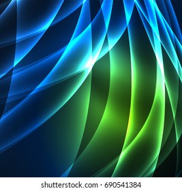 Energielinien, leuchtende Wellen im Dunkeln, Vektorgrafik-abstrakter Hintergrund. Design-Vorlage für Vektorgrafik-Präsentationen, Broschüren oder Flyer-Muster oder geometrisches Webbanner