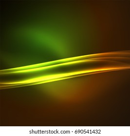 Líneas de energía, ondas brillantes en el fondo oscuro, vector abstracto. Plantilla de diseño de presentación de vocabulario o tecnología, patrón de folleto o volante, o banner web geométrico