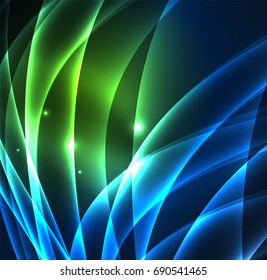 Líneas de energía, ondas brillantes en el fondo oscuro, vector abstracto. Plantilla de diseño de presentación de vocabulario o tecnología, patrón de folleto o volante, o banner web geométrico